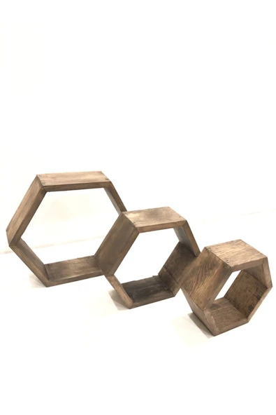 OlcayAksesuar Ahşap Dekoratif 3'lü Altıgen Duvar Raf - Resim 5