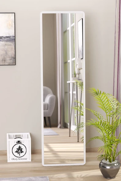 OlcayAksesuar Düz Dikdörtgen Beyaz 120X43 cm Ayaklı Salon Antre Çocuk Odası Banyo WC Yatak Odası Boy Aynası