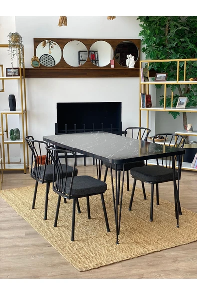 OlcayAksesuar Metal Ayaklı 4 Adet Sandalyeli 150x80 Cm Mutfak Masası Çalışma Masası