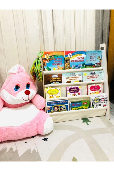 OlcayAksesuar Montessori Çocuk Bebek Odası Taşınabilir Eğitici 4 Raflı Bez Kumaş Kitaplık - 3