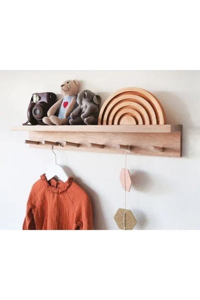 OlcayAksesuar Doğal Ahşap Montessori Kitaplık Çocuk Bebek Odası Askılık Duvar Rafı Düz Askılklı