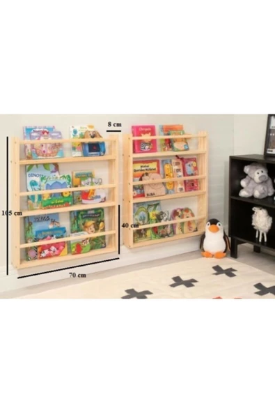 OlcayAksesuar Doğal Ahşap Renk Montessori Kitaplık Çocuk Bebek Odası Duvar Rafı Ahşap Kitaplık Raf 1 Adet 105 Cm - 2