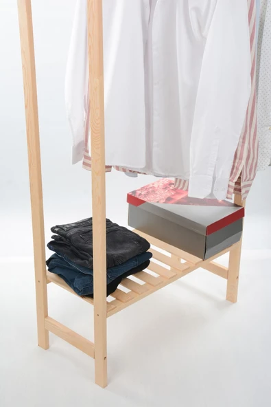 OlcayAksesuar Konfeksiyon Askısı Iki Raflı Elbise Askılığı 148x66 Doğal Ahşap - Resim 3