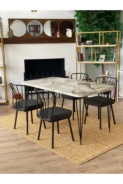 OlcayAksesuar Metal Ayaklı 4 Adet Sandalyeli 150x80 Cm Mutfak Masası Çalışma Masası - 2