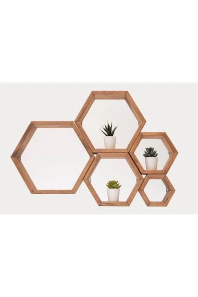 OlcayAksesuar Ahşap Dekoratif 5 Li Altıgen Set Duvar Rafı - Resim 4