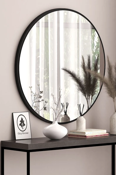 OlcayAksesuar Siyah Dekoratif 43 cm Yuvarlak Ayna Antre Hol Koridor Duvar Aynası Salon Mutfak Banyo Wc Ofis Aynası