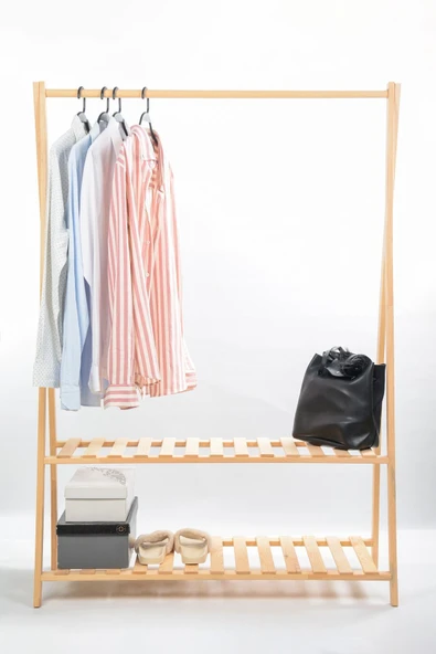 OlcayAksesuar Konfeksiyon Elbise Askılık Iki Raflı 148x105 cm Doğal Ahşap