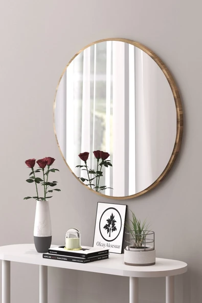 OlcayAksesuar Ceviz Dekoratif 43cm Yuvarlak Ayna Antre Hol Koridor Duvar Aynası Salon Mutfak Banyo Wc Ofis Aynası - Resim 2