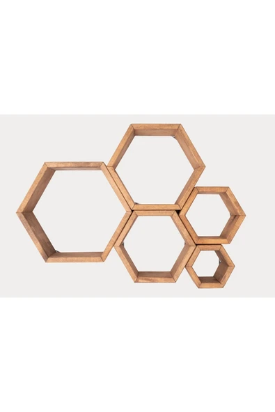 OlcayAksesuar Ahşap Dekoratif 5 Li Altıgen Set Duvar Rafı - Resim 2