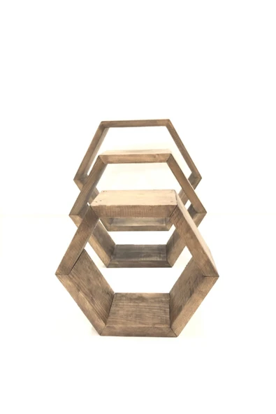 OlcayAksesuar Ahşap Dekoratif 3'lü Altıgen Duvar Raf - Resim 6