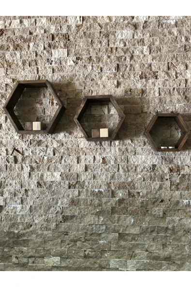 OlcayAksesuar Ahşap Dekoratif 3'lü Altıgen Duvar Raf - Resim 4