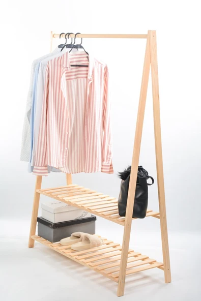 OlcayAksesuar Konfeksiyon Elbise Askılık Iki Raflı 148x105 cm Doğal Ahşap - Resim 2