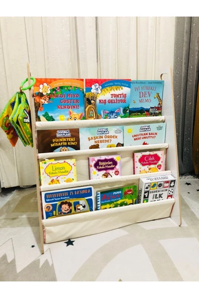 OlcayAksesuar Montessori Çocuk Bebek Odası Taşınabilir Eğitici 4 Raflı Bez Kumaş Kitaplık - 2