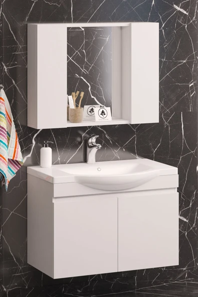 OlcayAksesuar Duru 80 cm Beyaz Lavabo Dahil Asma Alt Üst Banyo Dolabı Takımı