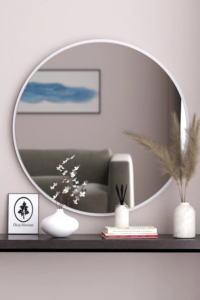 OlcayAksesuar Beyaz Dekoratif 45cm Yuvarlak Ayna Antre Hol Koridor Duvar Aynası Salon Mutfak Banyo Wc Ofis Aynası
