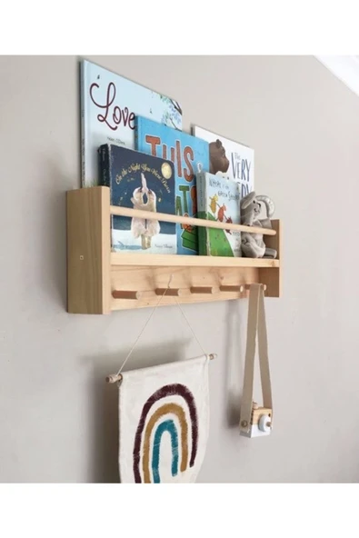 OlcayAksesuar Doğal Ahşap Montessori Kitaplık Çocuk Bebek Odası Askılık Duvar Rafı Yan Uzun - Resim 2