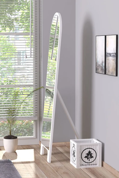 OlcayAksesuar Beyaz 150X43 cm Ayaklı Tek Kubbeli Salon Antre Çocuk Odası Banyo WC Yatak Odası Boy Aynası - 2