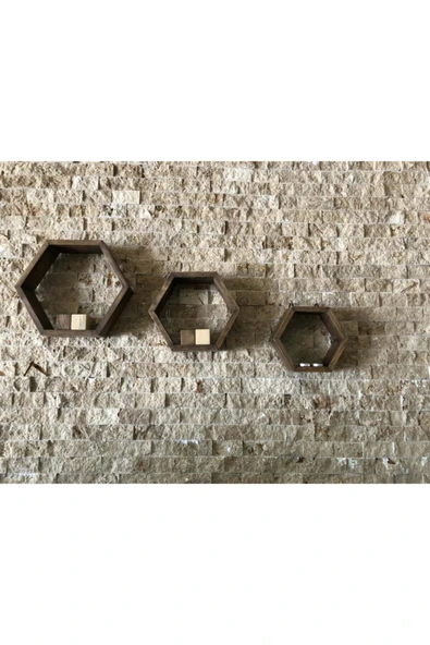 OlcayAksesuar Ahşap Dekoratif 3'lü Altıgen Duvar Raf - Resim 3