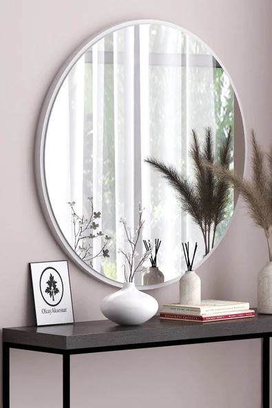 OlcayAksesuar Beyaz Dekoratif 58cm Yuvarlak Ayna Antre Hol Koridor Duvar Aynası Salon Mutfak Banyo Wc Ofis Aynası - Resim 2