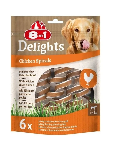 8in1 Delights Chicken Spirals Tavuklu Burgu Köpek Ödülü 60gr.(6 adet burgu ödül mama içerir.)