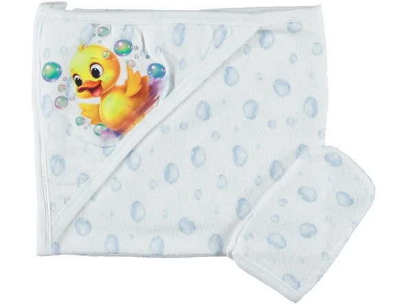 PAMUKLU YUMUSAK BEBEK ÇOCUK BANYO HAVLU DAMLA DESENLİ KESELİ HAVLU ÖRDEK RESİMLİ HEDİYELİK HAVLU 1/24 AY - 3