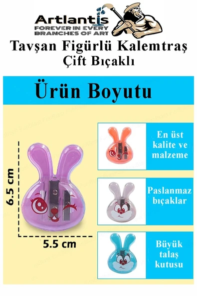 Tavşan Kalemtraş 4 Renk 1 Paket Hazneli Jumbo Kalemtıraş Tavşanlı Standart Kalem Açacağı Sevimli Plastik - 2