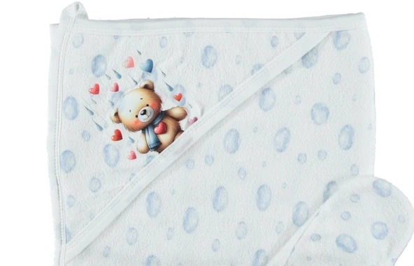 PAMUKLU BEBEK ÇOCUK BANYO HAVLU Damla Desenli Havlu Ayıcıklı 1/24 AY - 2