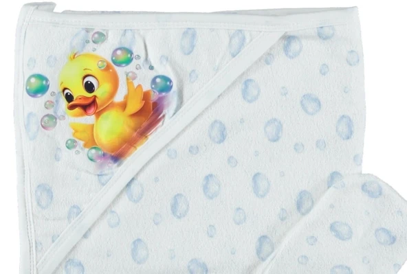PAMUKLU YUMUSAK BEBEK ÇOCUK BANYO HAVLU DAMLA DESENLİ KESELİ HAVLU ÖRDEK RESİMLİ HEDİYELİK HAVLU 1/24 AY - 2