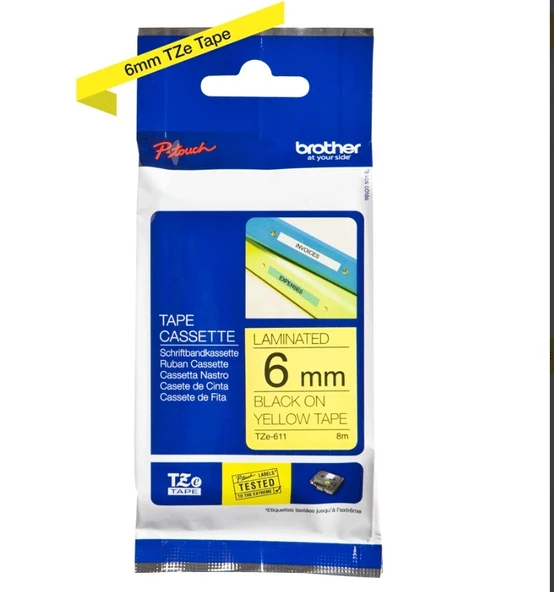 Tonersepeti Brother TZe-611 6mm Sarı üzerine Siyah Laminasyonlu  Etiket ürün görseli