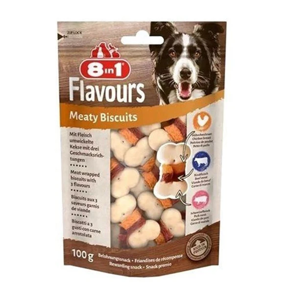 8in1 Meaty Biscuits Tavuk ,Dana ve Domuz Etli Köpek Ödülü Bisküvisi 100 Gr.