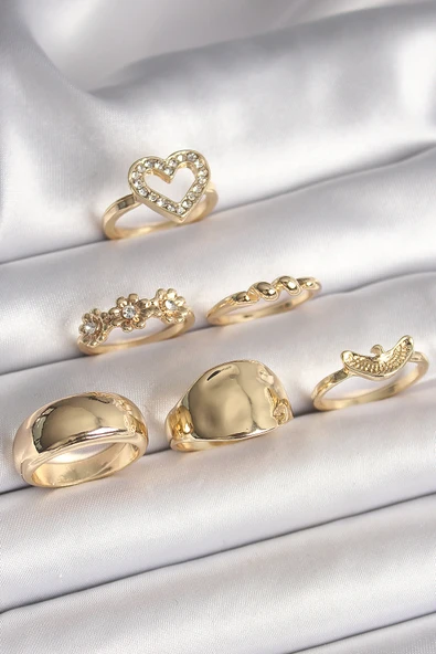 Pirinç Gold Renk Zirkon Taşlı Kalp Figür Kuş Detay 6'Lı Kadın Küpe Seti - TJ-BYK3616