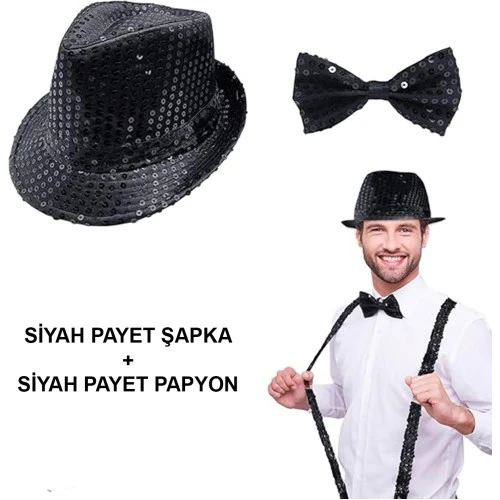 Siyah Payetli Şapka ve Papyon Seti – Parıltılı Yetişkin Kostüm Seti ürün görseli