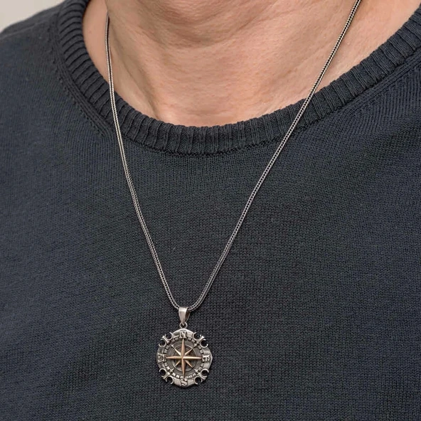 Gümüş Oksitli Pusula Erkek Kolye - 5