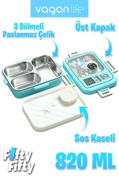 Vagonlife Lunch Box 820 ML Tek Kat Üç Bölmeli Sos Kaseli Yeni Nesil Sefer Tası-FFLBOX10283 - 3