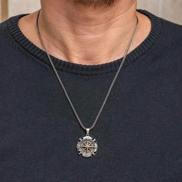 Gümüş Oksitli Pusula Erkek Kolye - 6