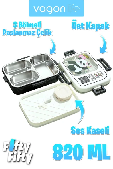 Vagonlife Lunch Box 820 ML Tek Kat Üç Bölmeli Sos Kaseli Yeni Nesil Sefer Tası-FFLBOX10283 - 8