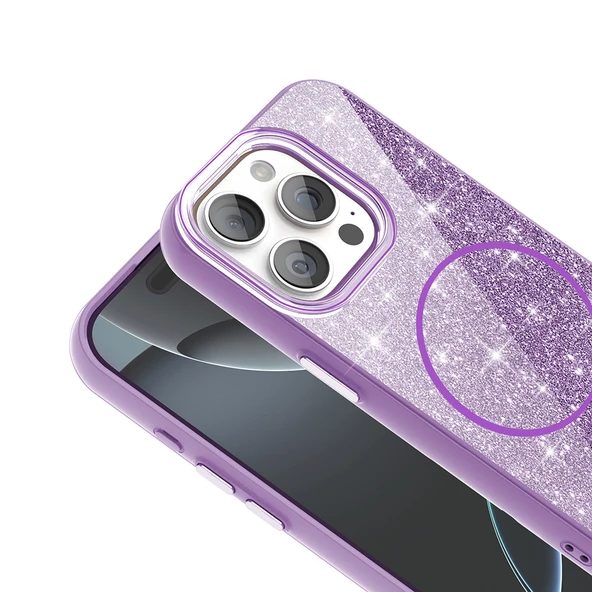 Apple iPhone 15 Pro için Magsafe ile uyumlu Kılıf Parlak Simli Shinig Okso Kapak - Resim 8