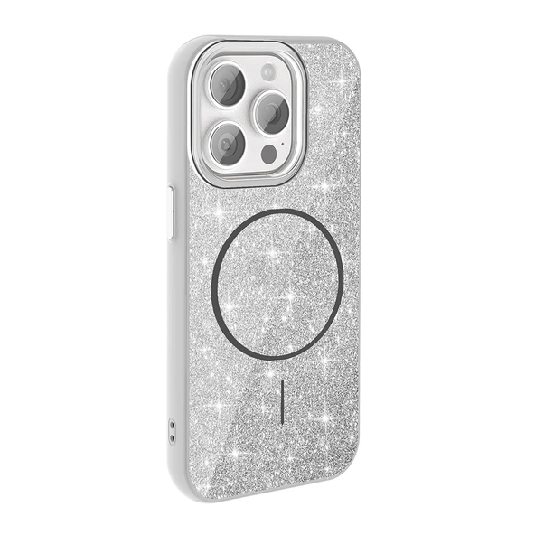 Apple iPhone 15 Pro için Magsafe ile uyumlu Kılıf Parlak Simli Shinig Okso Kapak - Resim 3