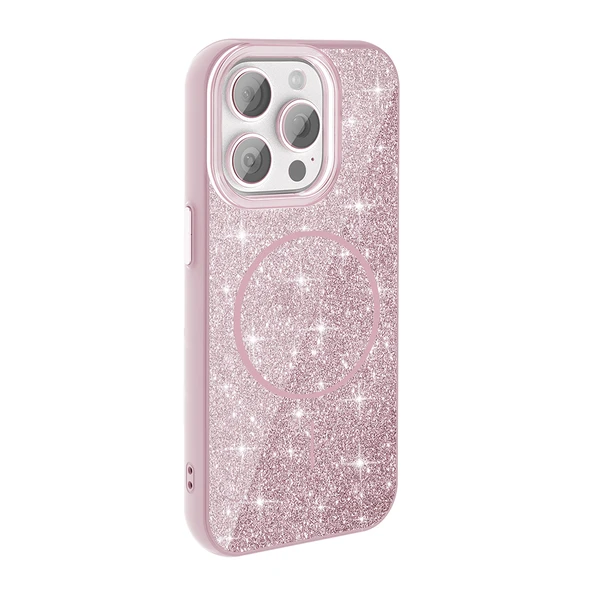 Apple iPhone 15 Pro için Magsafe ile uyumlu Kılıf Parlak Simli Shinig Okso Kapak - Resim 5