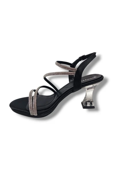 Erbay 093-25 Saten Şeffaf Topuk Taşlı Anatomik Kadın Sandalet - Resim 3