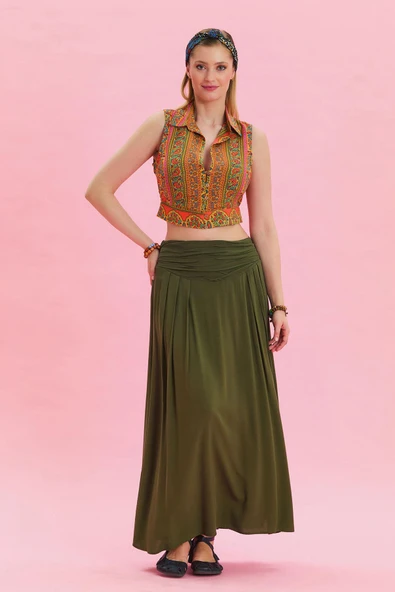Beli Lastikli Drape Detaylı Otantik Etek - 3