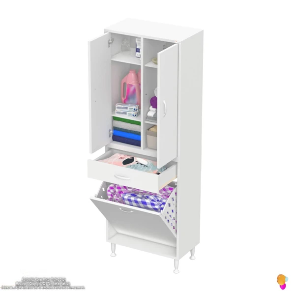 Modilayn YENİ AFRA 60x173x32,5 cm' lik 1 Çekmece, 1 Göz Sepet, 2 Kapak, 6 Raf Dar Alan Banyo Dolabı - Resim 5