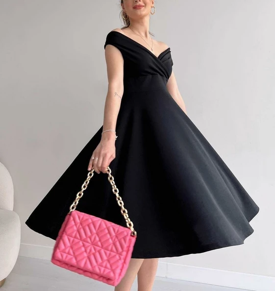 Lucky Life Kadın Kısa Kollu Kruvaze Yaka Eteği Volanlı Krep Elbise - Resim 6