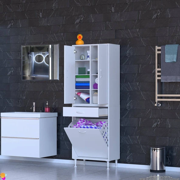 Modilayn YENİ AFRA 65x173x32,5 cm' lik 1 Çekmece, 1 Göz Sepet, 2 Kapak, 8 Raf Dar Alan Banyo Dolabı - Resim 2