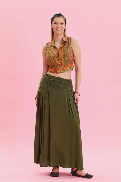 Beli Lastikli Drape Detaylı Otantik Etek - 4
