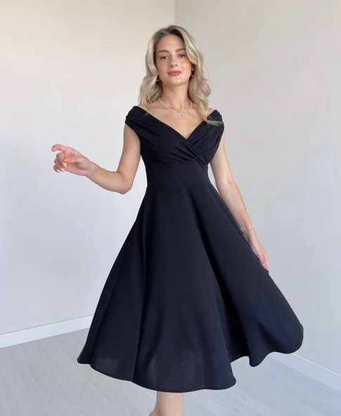 Lucky Life Kadın Kısa Kollu Kruvaze Yaka Eteği Volanlı Krep Elbise - Resim 2