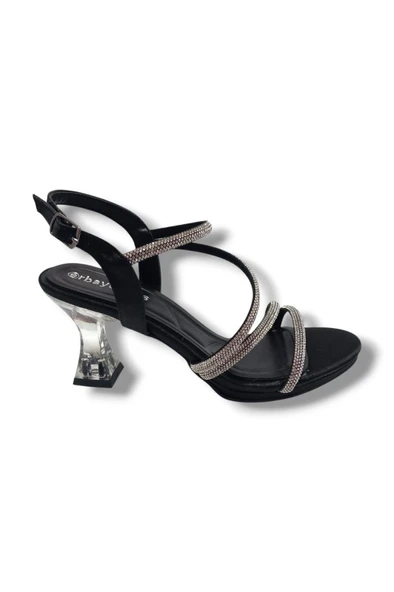 Erbay 093-25 Saten Şeffaf Topuk Taşlı Anatomik Kadın Sandalet - Resim 2