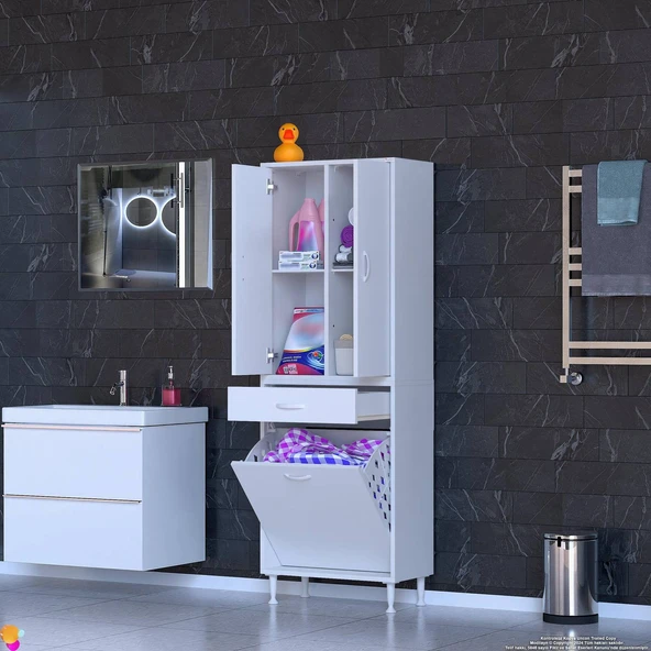 Modilayn YENİ AFRA 55x173x32,5 cm' lik 1 Çekmece, 1 Göz Sepet, 2 Kapak, 4 Raf Banyo Dolabı - 2
