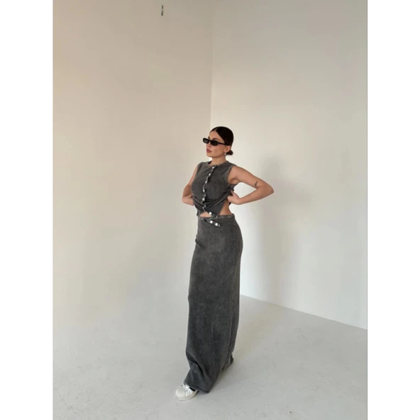 Uzun Etekli Önü Düğmeli Badi İkili Takım- Antrasit - 2