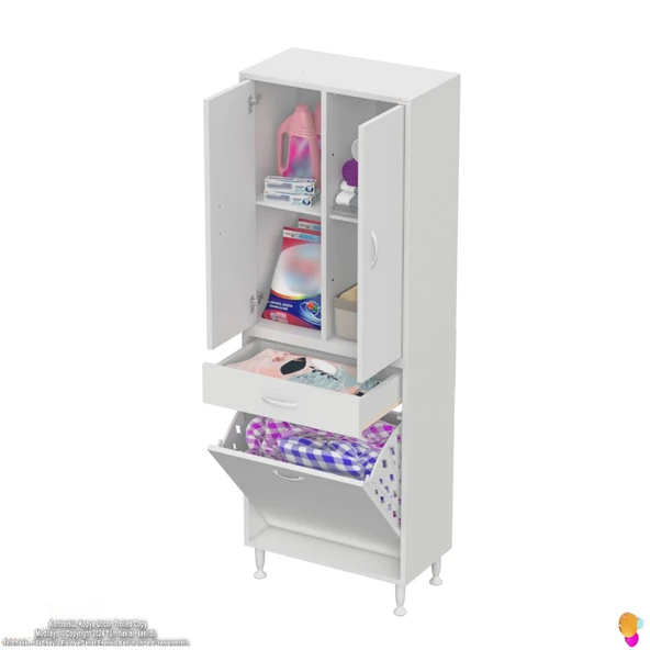 Modilayn YENİ AFRA 55x173x32,5 cm' lik 1 Çekmece, 1 Göz Sepet, 2 Kapak, 4 Raf Banyo Dolabı - 5